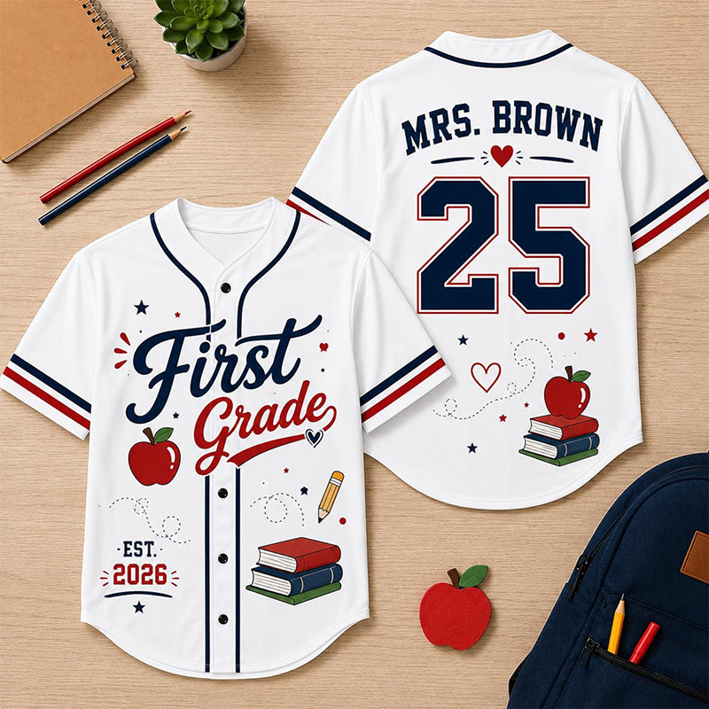 Personalized Grade Name Apple Book Retro Teacher Baseball Jersey