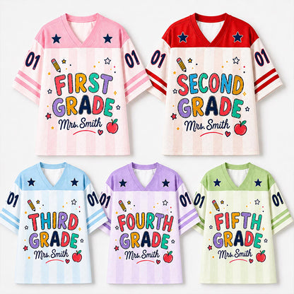 Personalized Grade And Name Preppy Stripes Rainbow Text First Day Teacher Mesh Jersey