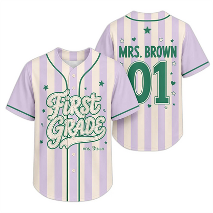 Personalized Grade Striped Star Heart Print Teacher Baseball Jersey