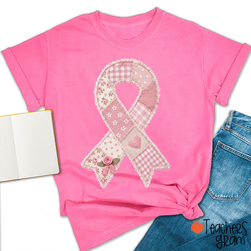 Faux Patchwork Pink Ribbon Awareness Teacher T-Shirt