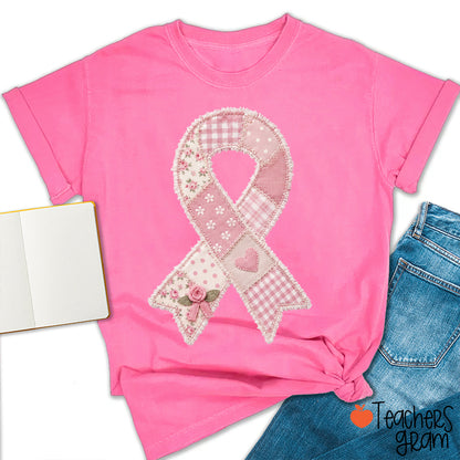 Faux Patchwork Pink Ribbon Awareness Teacher T-Shirt