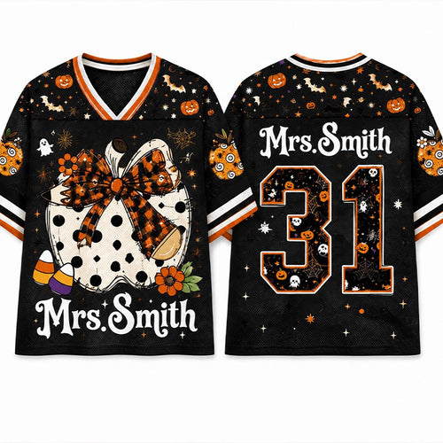 Personalized Name Number Polka Dot Pumpkin Halloween Teacher Mesh Jersey