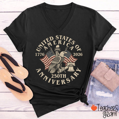 United States Of USA 250th Anniversary Teacher Female V-Neck T-Shirt