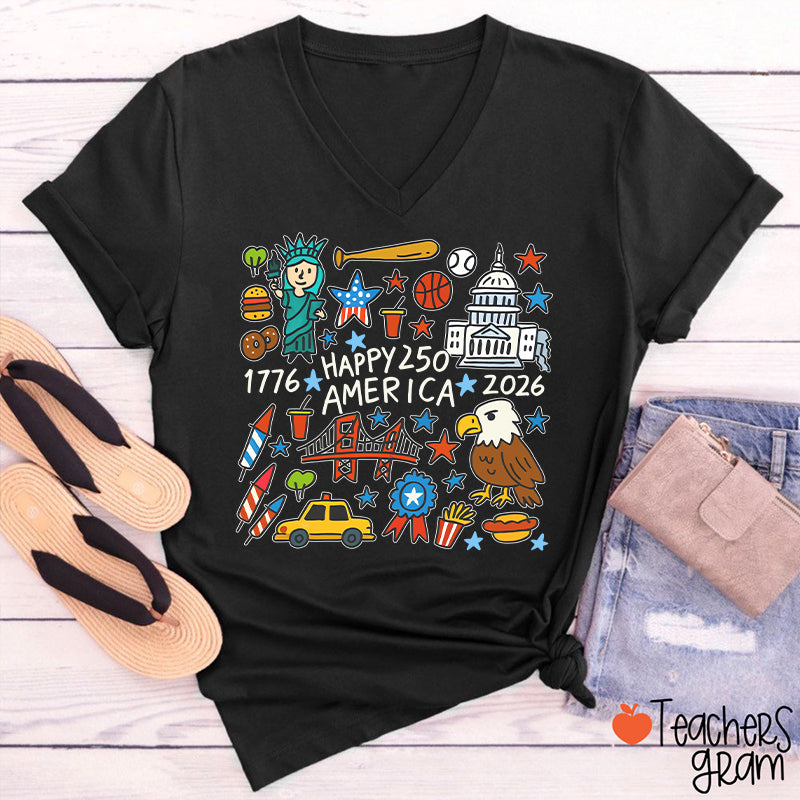 USA 250th Anniversary Teacher Female V-Neck T-Shirt