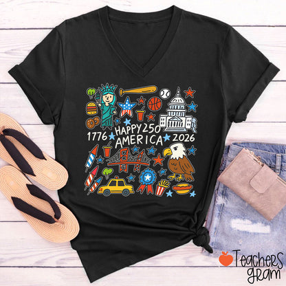 USA 250th Anniversary Teacher Female V-Neck T-Shirt