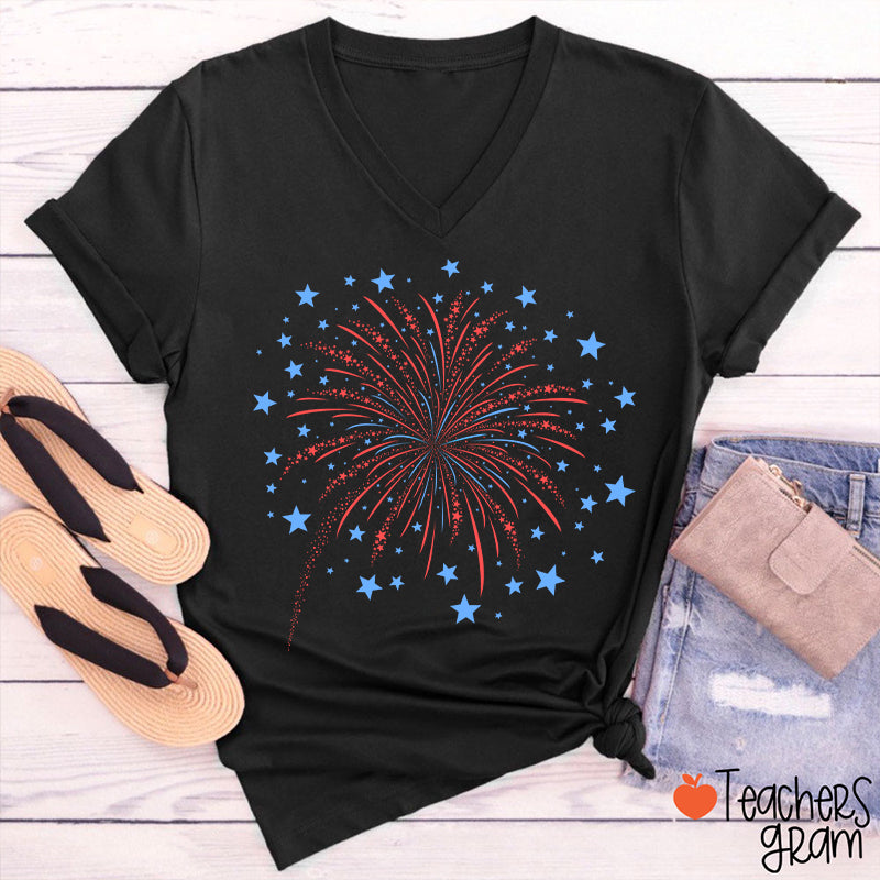 4th Of July Firework Teacher Female V-Neck T-Shirt