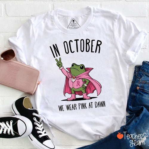 In October We Wear Pink At Dawn Cute Vampire Frog Teacher T-Shirt