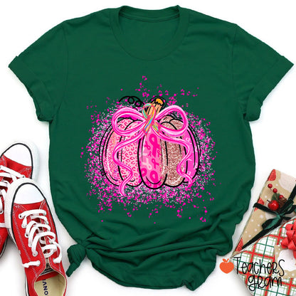 Pumpkin Theme Pink Ribbon Teacher T-Shirt
