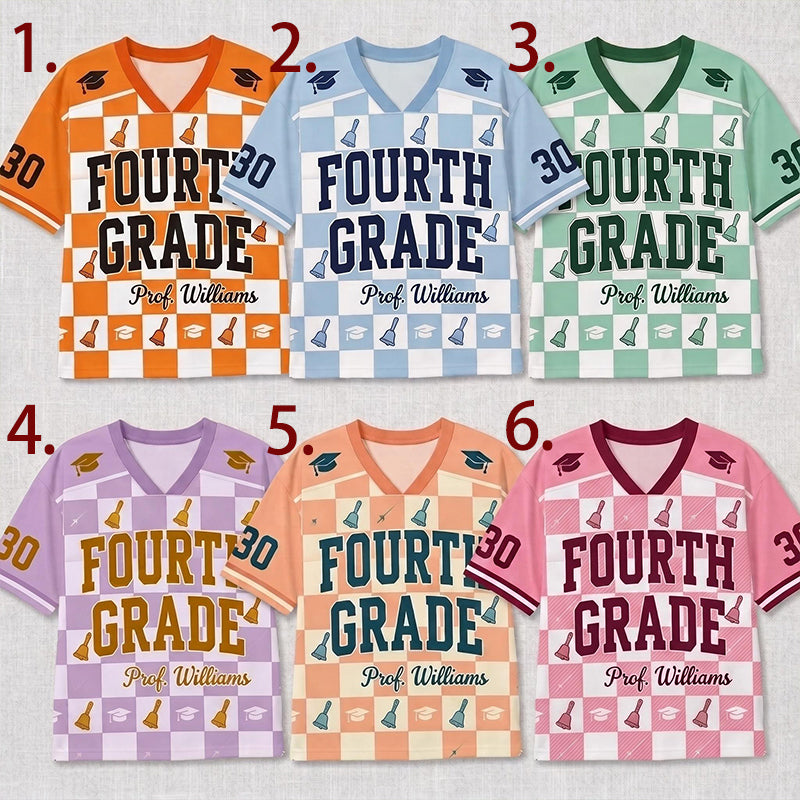 Personalized Grade Teacher Name And Number Checkered Teacher Mesh Jersey