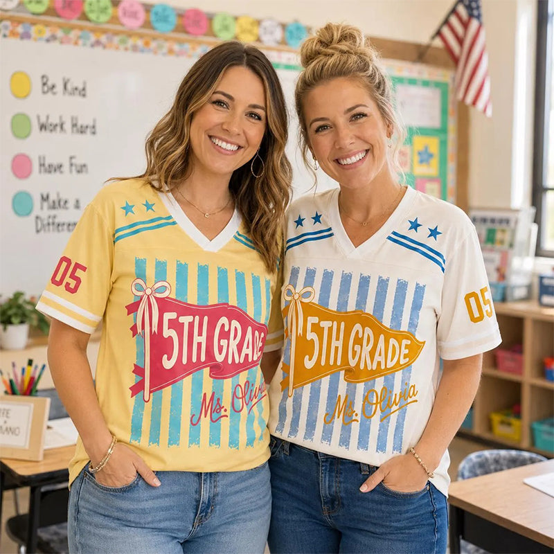 Personalized Grade And Name Preppy Stripes Pennant First Day Teacher Mesh Jersey