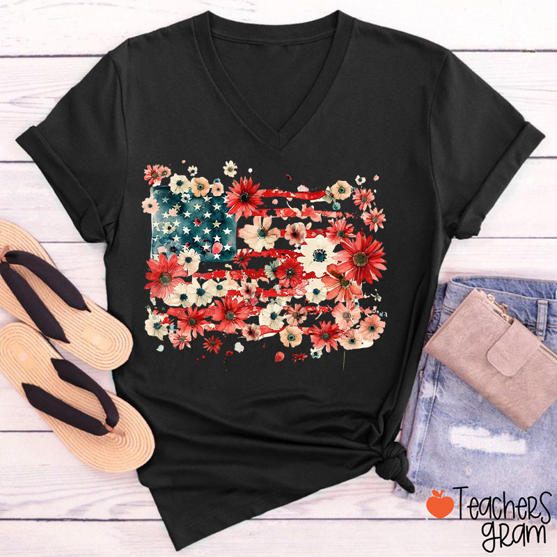 American Flag Floral Teacher Female V-Neck T-Shirt