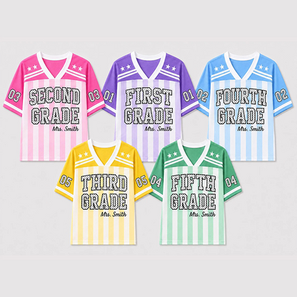 Personalized Grade Striped Polka Dot Star Print Teacher Mesh Jersey