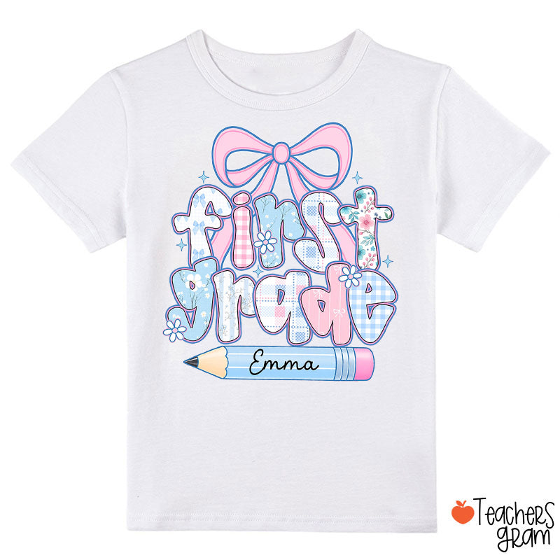 Personalized Grade Name Plaid Bow Pencil Class T‑Shirt