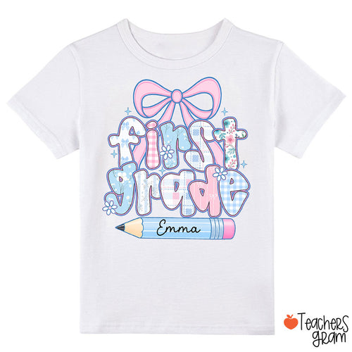 Personalized Grade Name Plaid Bow Pencil Class T‑Shirt