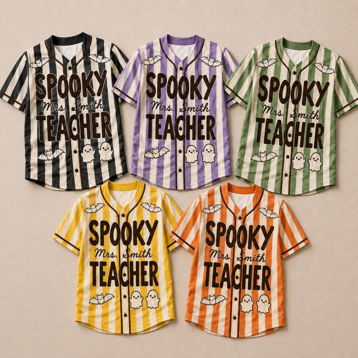 Personalized Name Halloween Striped Spooky Teacher Baseball Jersey