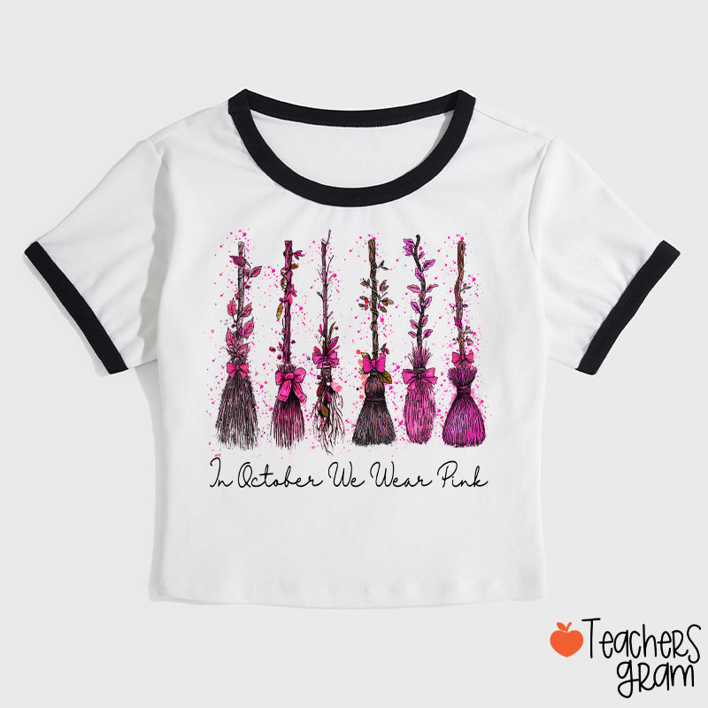 On Wednesday We Wear Pink Witch Broom Teacher Ringer T-Shirt
