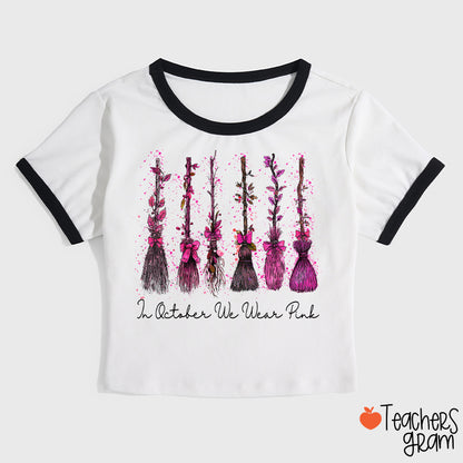 On Wednesday We Wear Pink Witch Broom Teacher Ringer T-Shirt