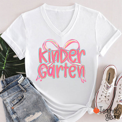 Personalized Grade Pink Bow Teacher Female V-Neck T-Shirt