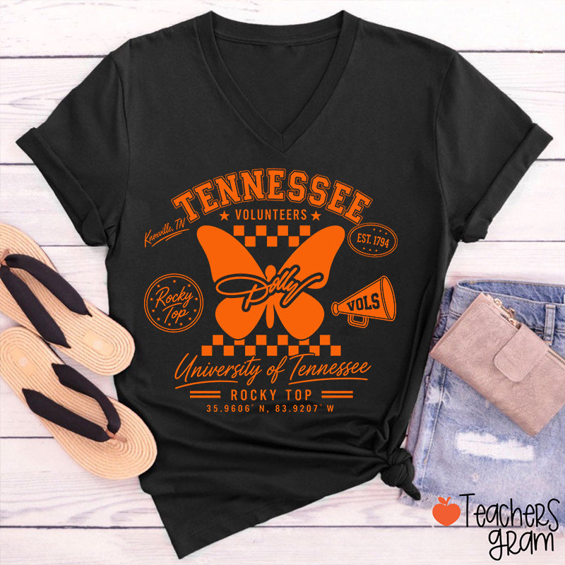 Volunteers Rocky Top Dolly Butterfly Teacher V-Neck T-Shirt