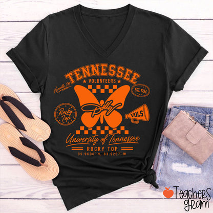 Volunteers Rocky Top Dolly Butterfly Teacher V-Neck T-Shirt