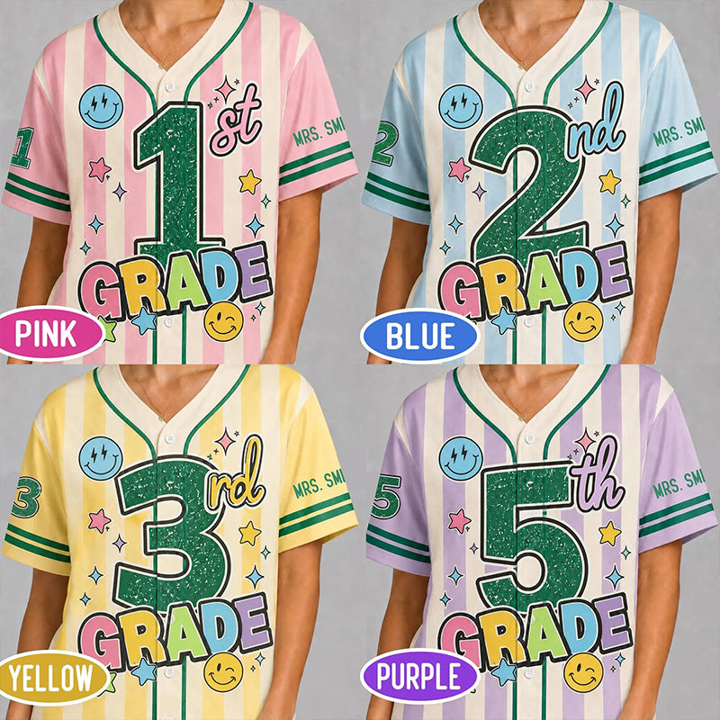 Personalized Grade And Name Preppy Stripes Satr Smile Teacher Baseball Jersey