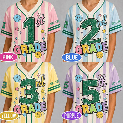 Personalized Grade And Name Preppy Stripes Satr Smile Teacher Baseball Jersey