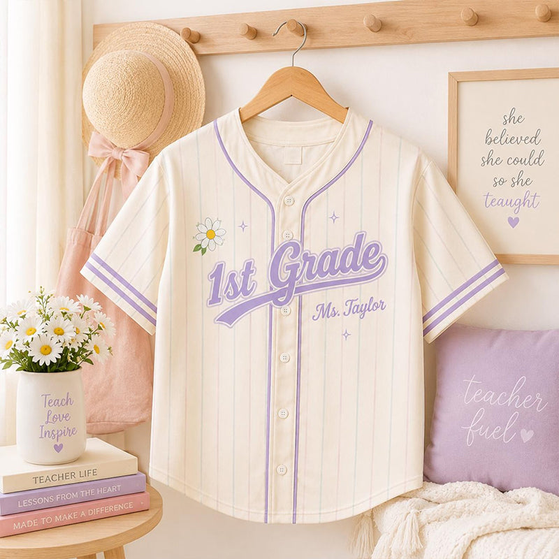 Personalized Grade And Name Preppy Pinstripe Daisy First Day Teacher Baseball Jersey