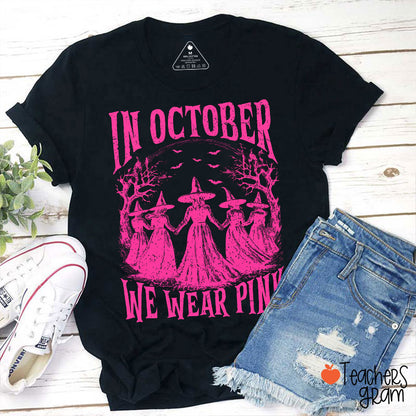 In October We Wear Pink Vintage Witch Crew Night Bat Tree Teacher T-Shirt