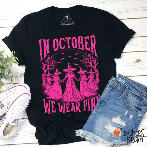 In October We Wear Pink Vintage Witch Crew Night Bat Tree Teacher T-Shirt