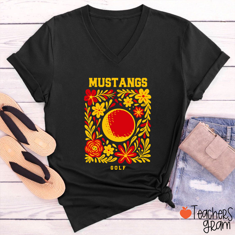 Personalized Mascot And Sport Flowers Teacher Female V-Neck T-Shirt