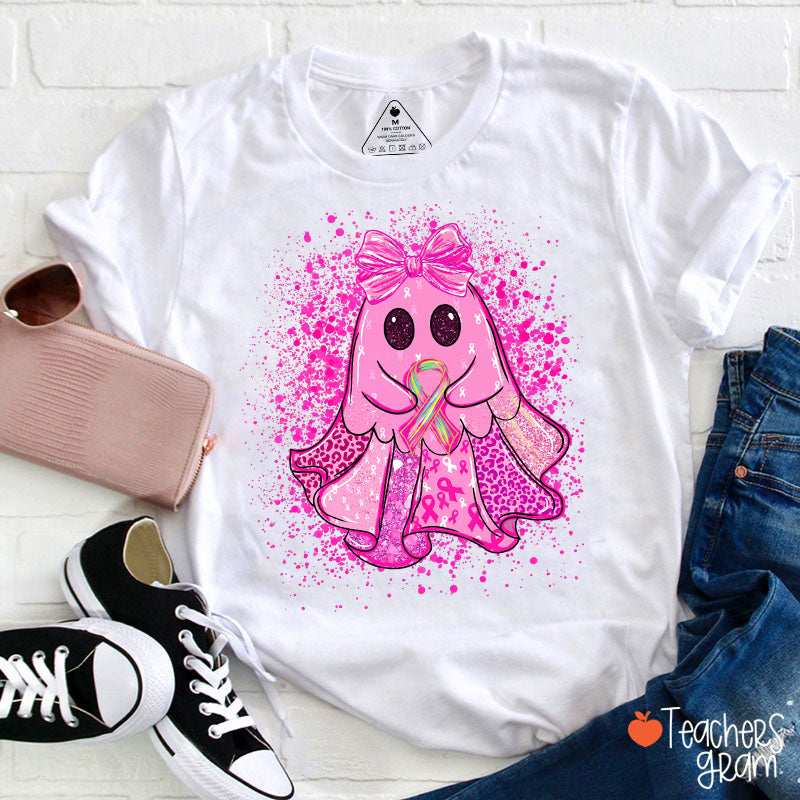 Cute Pink Ghost Bow Ribbon Leopard Glitter Halloween Teacher T-Shirt