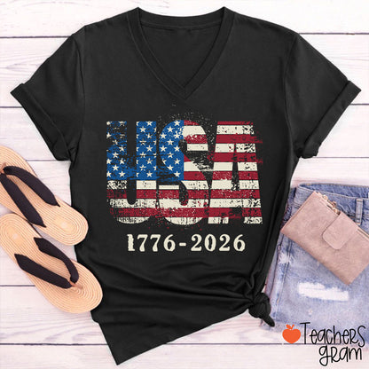 USA 1776-2026 Teacher Female V-Neck T-Shirt
