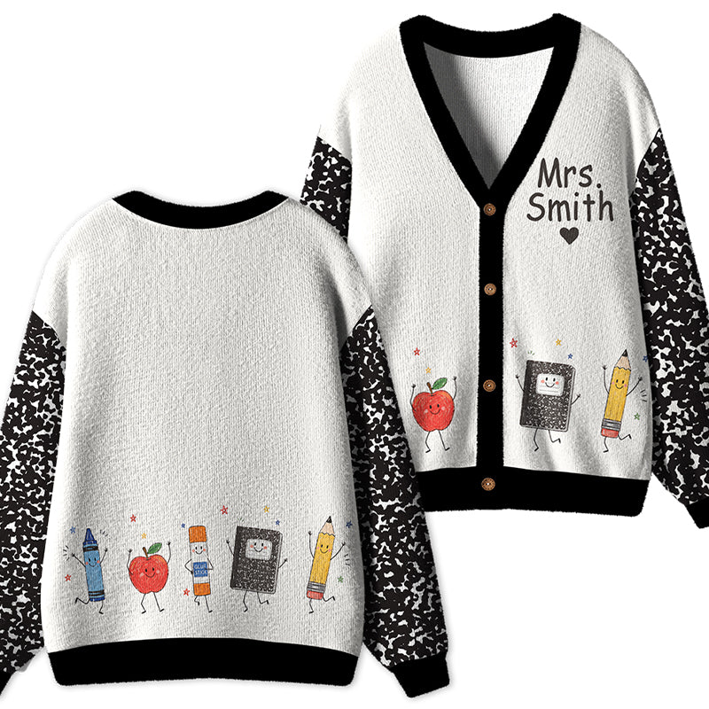 Personalized Name Notebook Pencil Apple Teacher Ugly Cardigan Sweaters