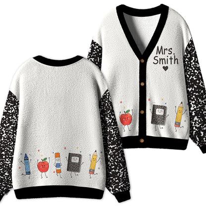 Personalized Name Notebook Pencil Apple Teacher Ugly Cardigan Sweaters