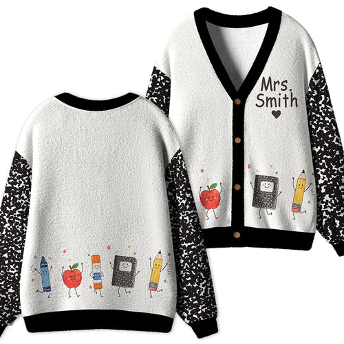 Personalized Name Notebook Pencil Apple Teacher Ugly Cardigan Sweaters