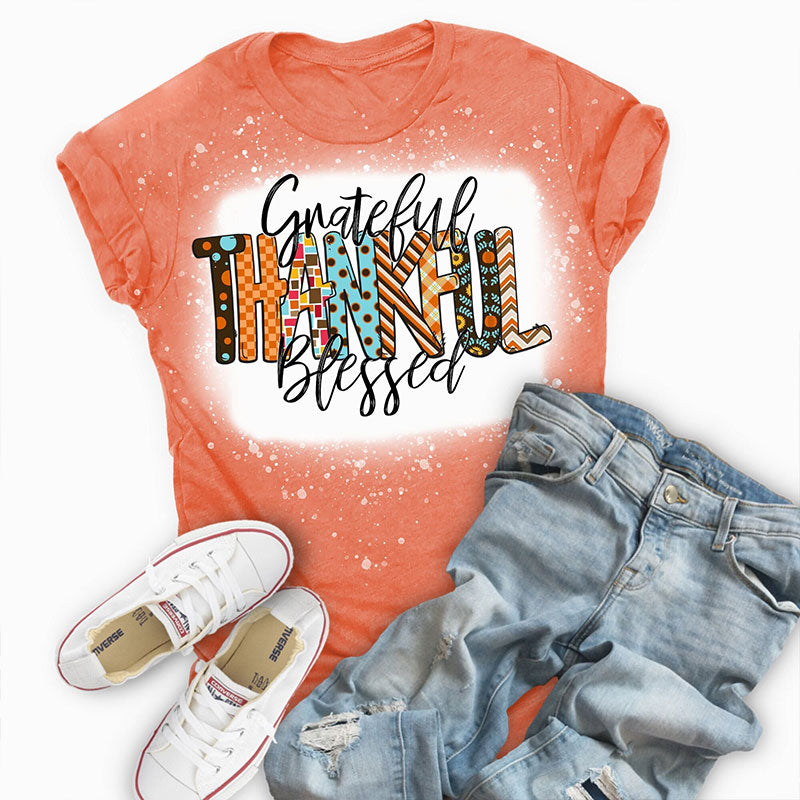 Grateful Thankful Blessed Bleached Fall Teacher Printed Super Soft T-Shirt