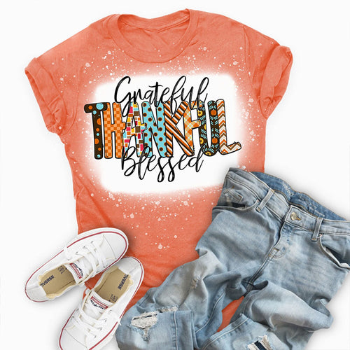 Grateful Thankful Blessed Bleached Fall Teacher Printed Super Soft T-Shirt