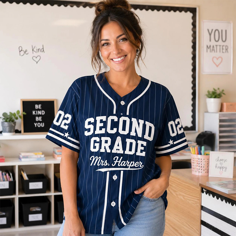 Personalized Grade And Name Pinstripe Teacher Baseball Jersey