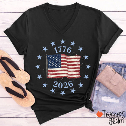 USA Flag 250 Years Teacher Female V-Neck T-Shirt