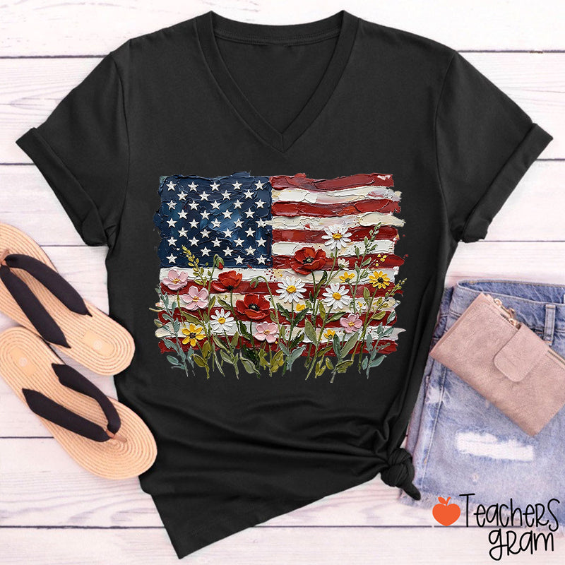 American Flag Floral Teacher Female V-Neck T-Shirt