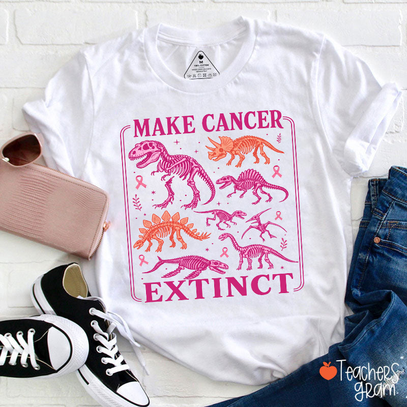 Make Cancer Extinct Dinosaur Skeleton Pink Ribbon Teacher T-Shirt