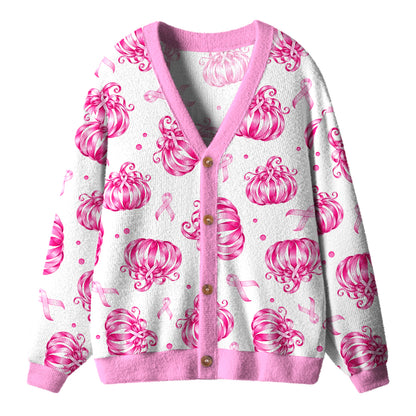 Pink Ribbon Bow Pumpkin Fall Teacher Ugly Cardigan Sweaters