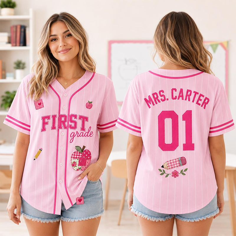 Personalized Grade Striped Apple Flower Print Teacher Baseball Jersey
