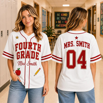 Personalized Grade And Name Apple Pencil Graphic Teacher Baseball Jersey
