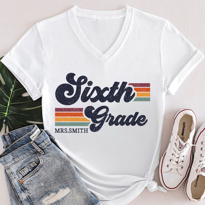 Personalized Grade And Name Retro Horizontal Stripes Teacher Female V-Neck T-Shirt