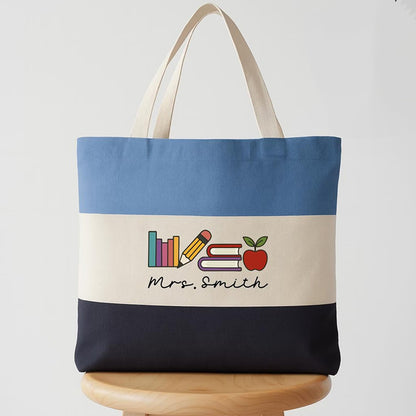 Personalized Name Books Pencil Apple Teacher Tote Bag