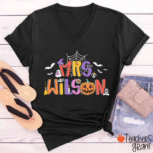Personalized Name Spider Web Ghost Pumpkin Teacher Female V-Neck T-Shirt