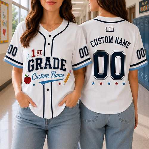 Personalized Grade Name Number Apple Pencil Graphic Teacher Baseball Jersey