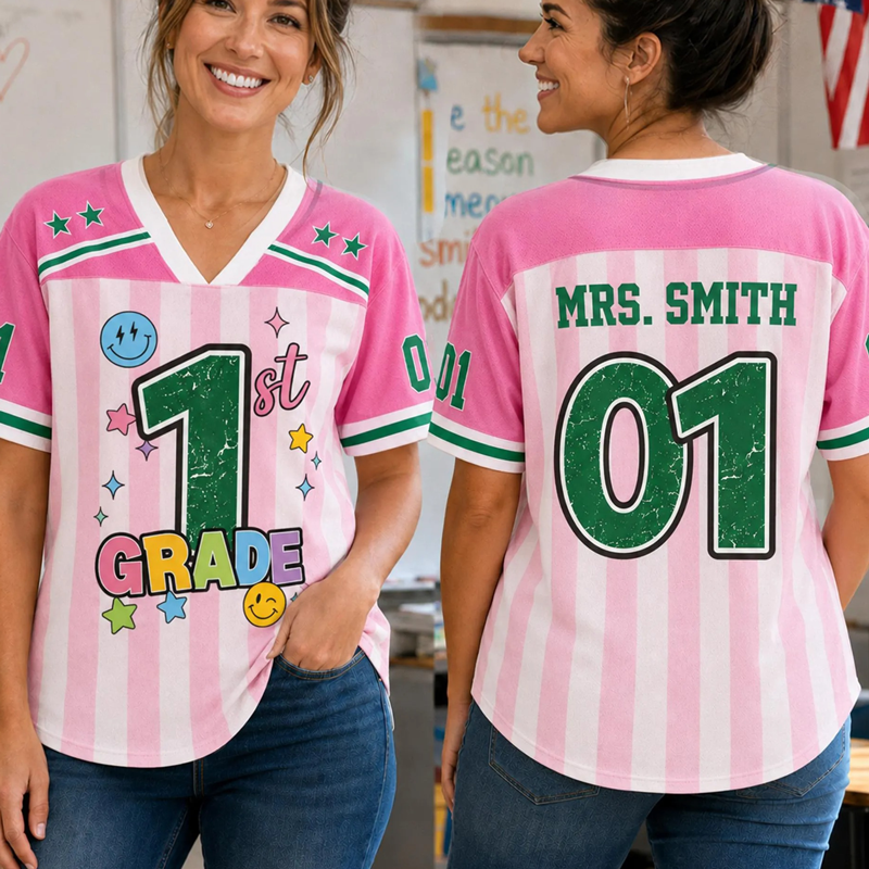 Personalized Name And Grade Striped Smile  Two Sided Star Teacher Mesh Jersey