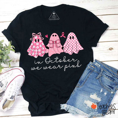In October We Wear Pink Flower Ghost Teacher T-Shirt